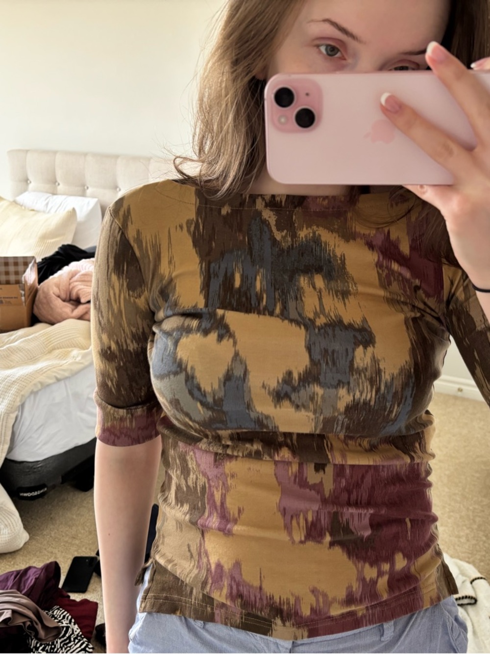 Lauren Ralph Lauren Short Sleeve Abstract Print Top in Mustard, Maroon and Slate